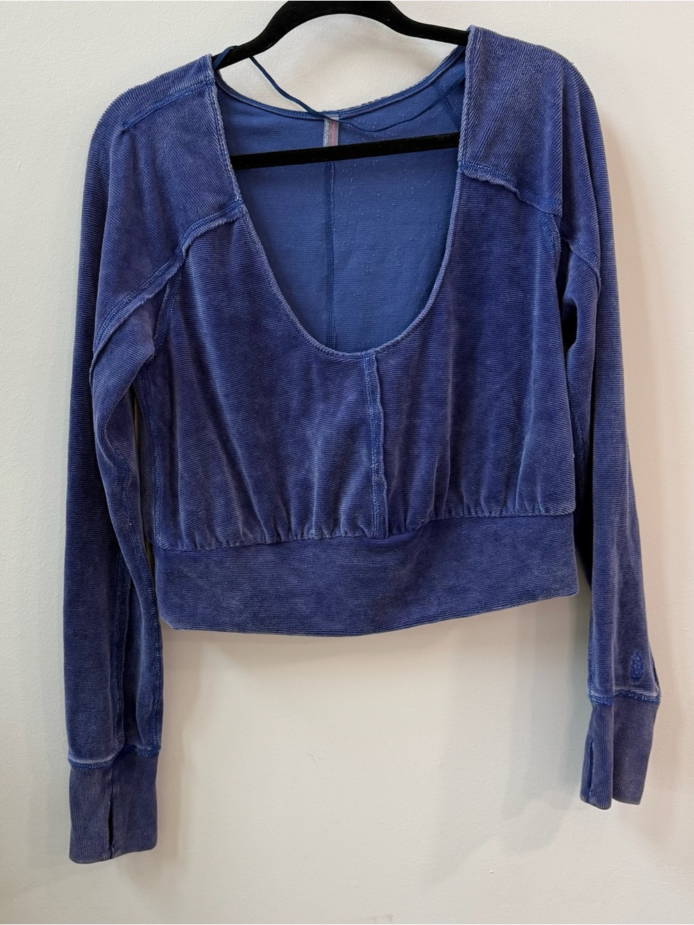 Women's Blue Scoop Neck Terry Long-Sleeve Top
